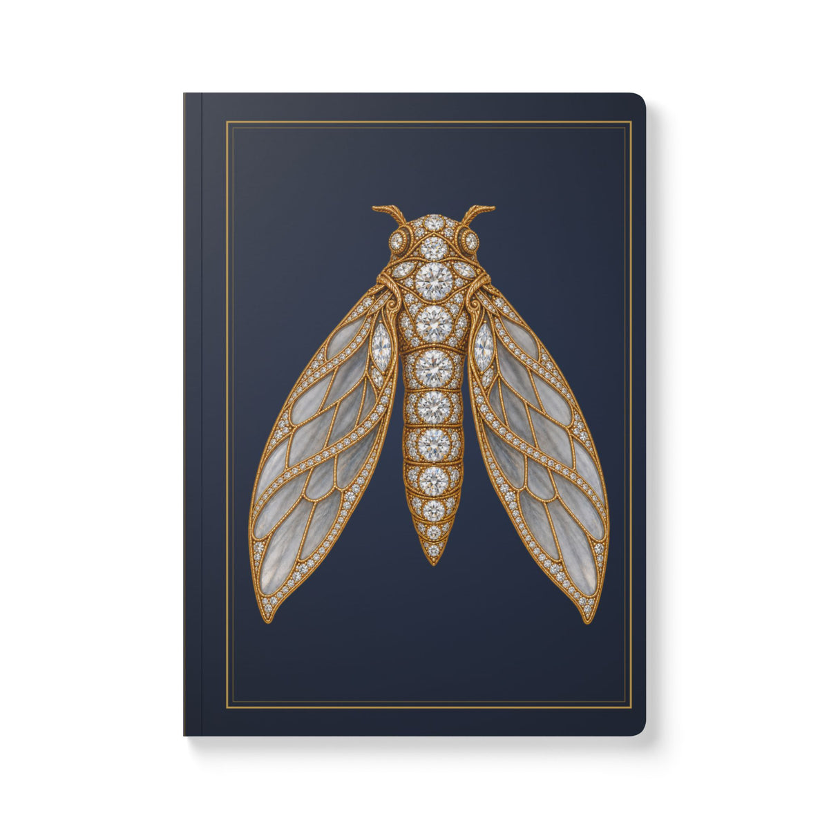 Jeweled diamond cicada journal with vintage brooch art on a navy cover, April birthstone gift, view 2