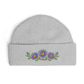 Cuffed knit beanie embroidered with the aster, September birth flower