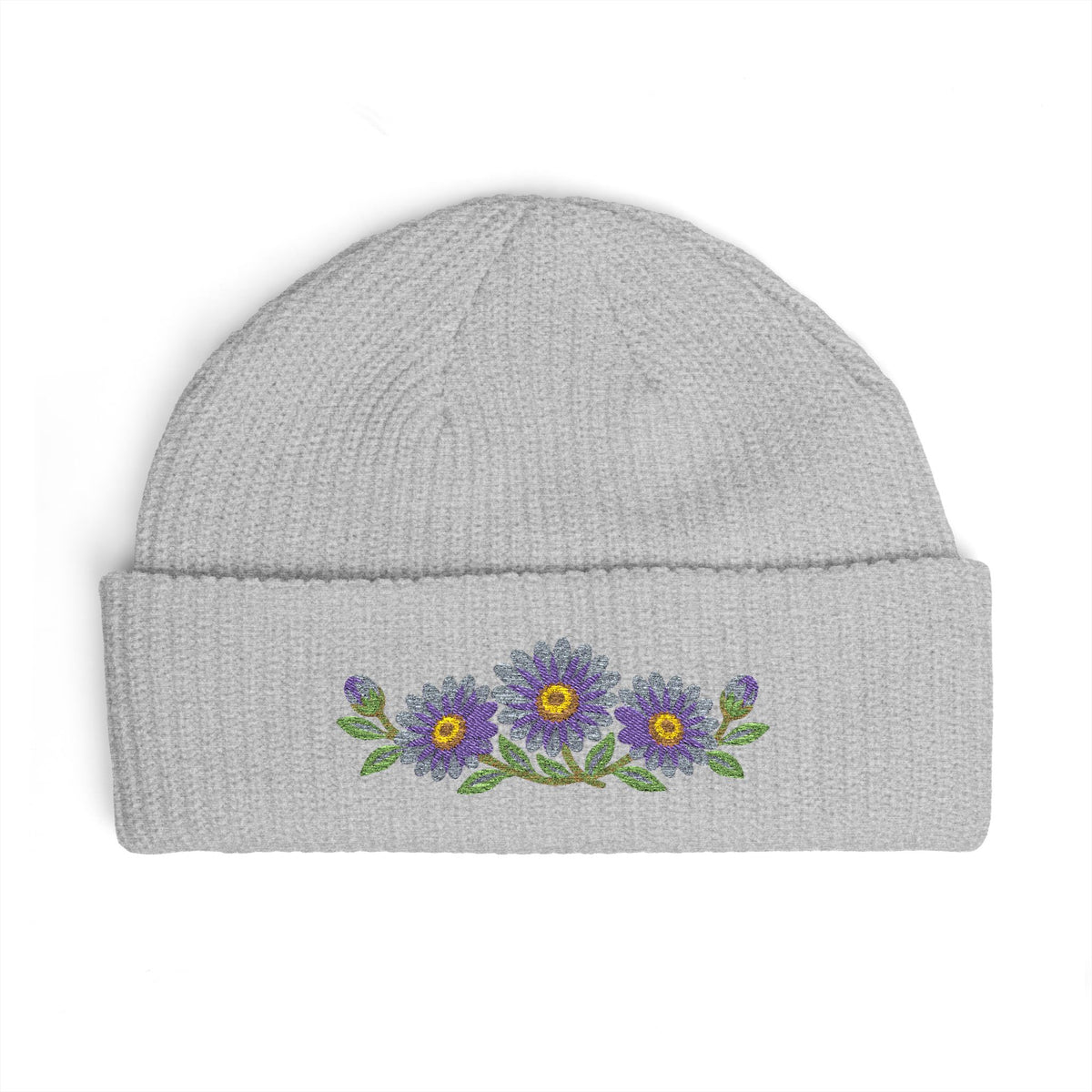 Cuffed knit beanie embroidered with the aster, September birth flower