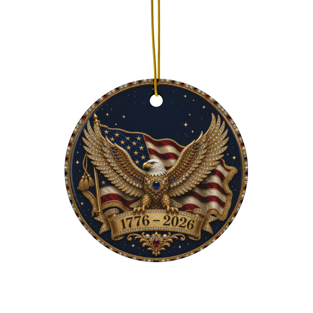 America 250 Ornament 1776 2026, Jeweled Gold Eagle and Flag Christmas Ornament, Navy Patriotic Ceramic Ornament, 250th Anniversary Gift