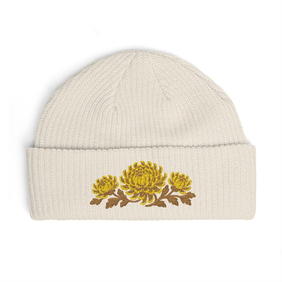 Cuffed knit beanie embroidered with the chrysanthemum, November birth flower, view 3