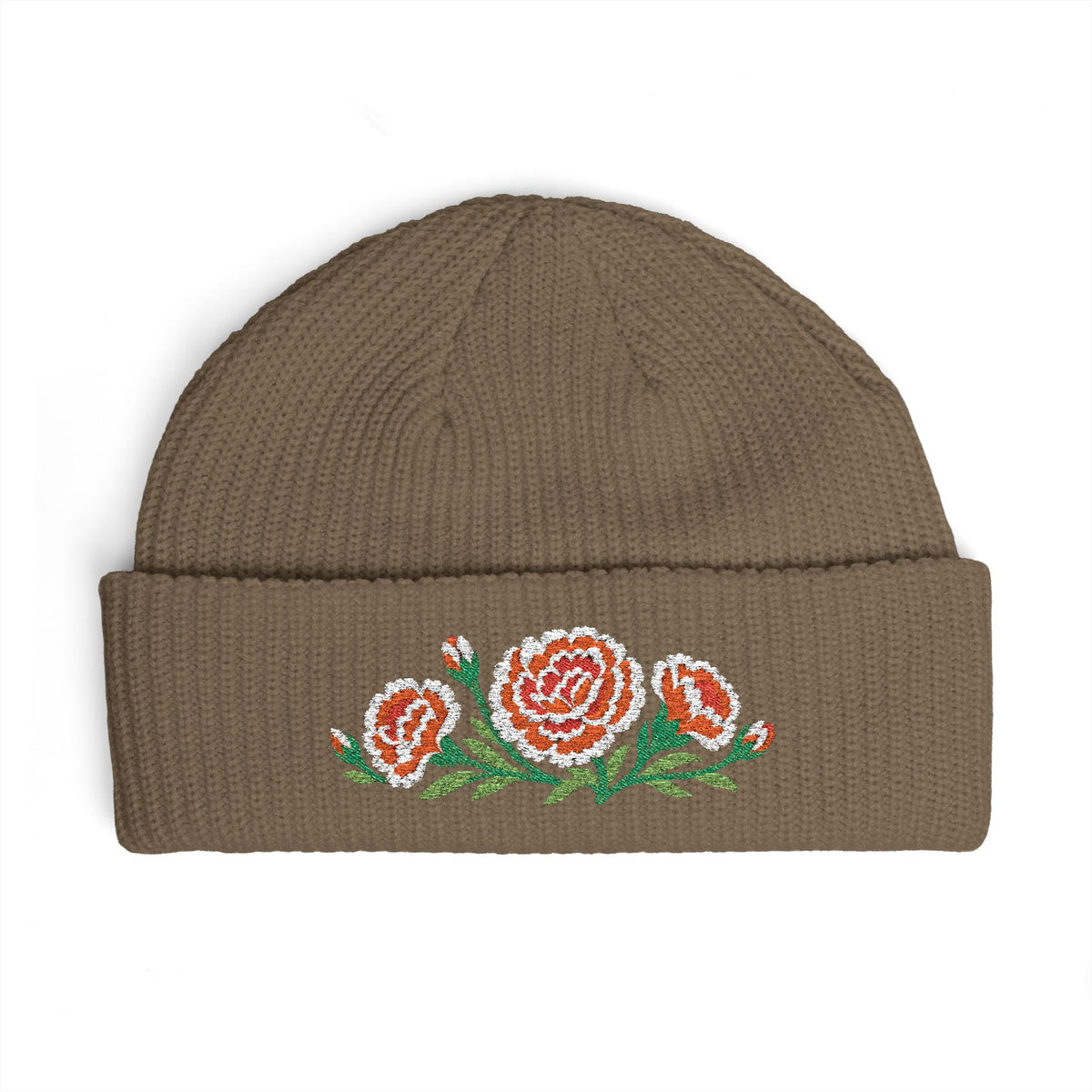 Cuffed knit beanie embroidered with the carnation, January birth flower, view 4