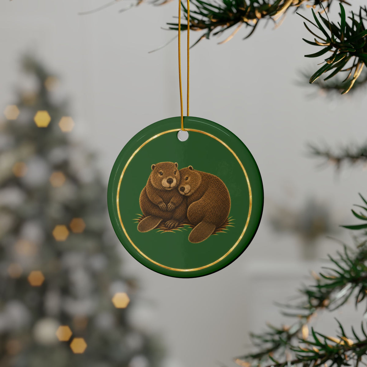 Beavers Ornament, Woodland Creatures Christmas Ornament, Green and Gold Ceramic Ornament, Beaver Gift