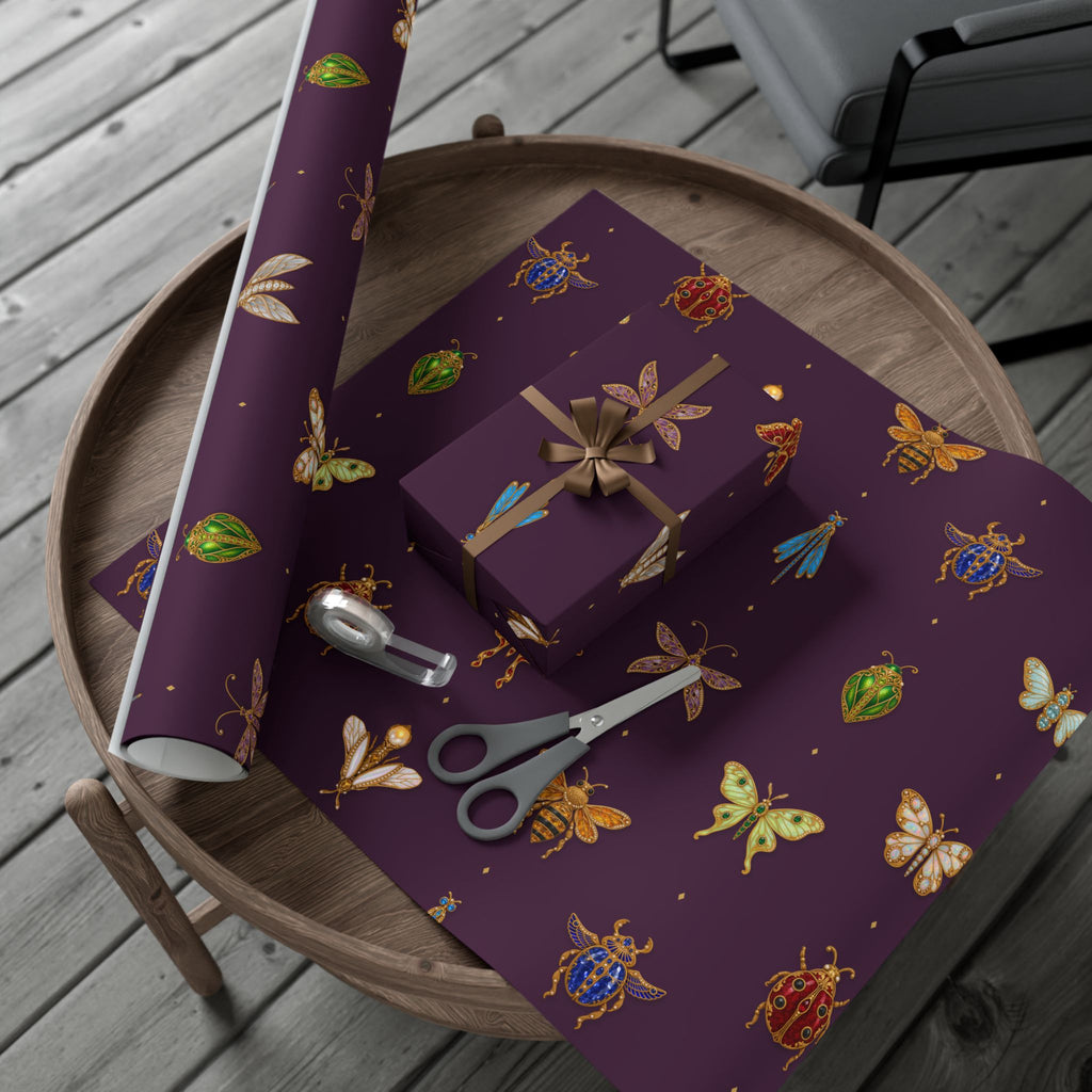 Jeweled Insect Wrapping Paper, Deep Plum Gift Wrap, Vintage Brooch Bug Pattern, Luxe Holiday & Bridal Shower Wrap