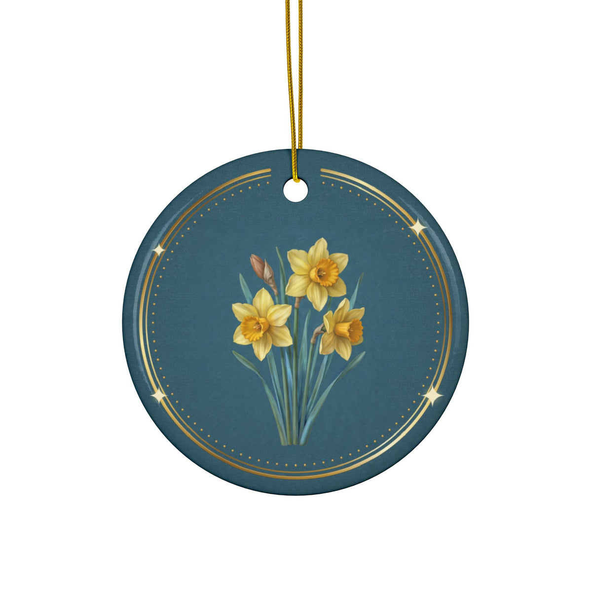 Personalized ceramic Christmas ornament with yellow daffodil, the March birth flower, view 3