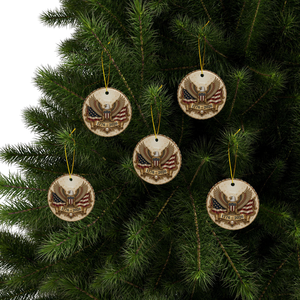 America 250 Ornament 1776 2026, Jeweled Gold Eagle and Flag Christmas Ornament, Ivory Patriotic Ceramic Ornament, 250th Anniversary Gift