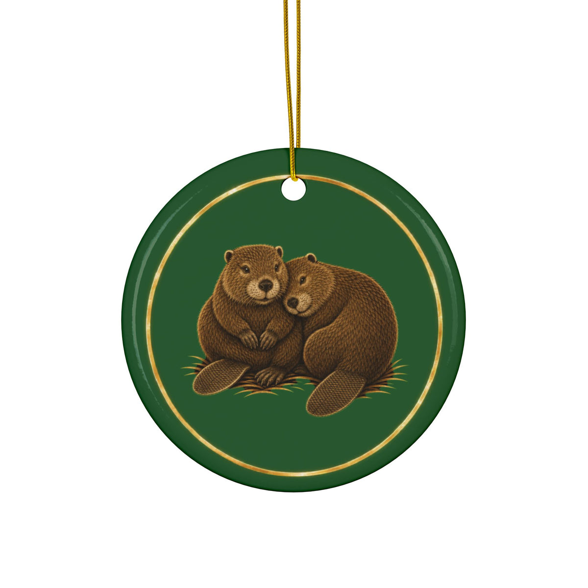 Beavers Ornament, Woodland Creatures Christmas Ornament, Green and Gold Ceramic Ornament, Beaver Gift