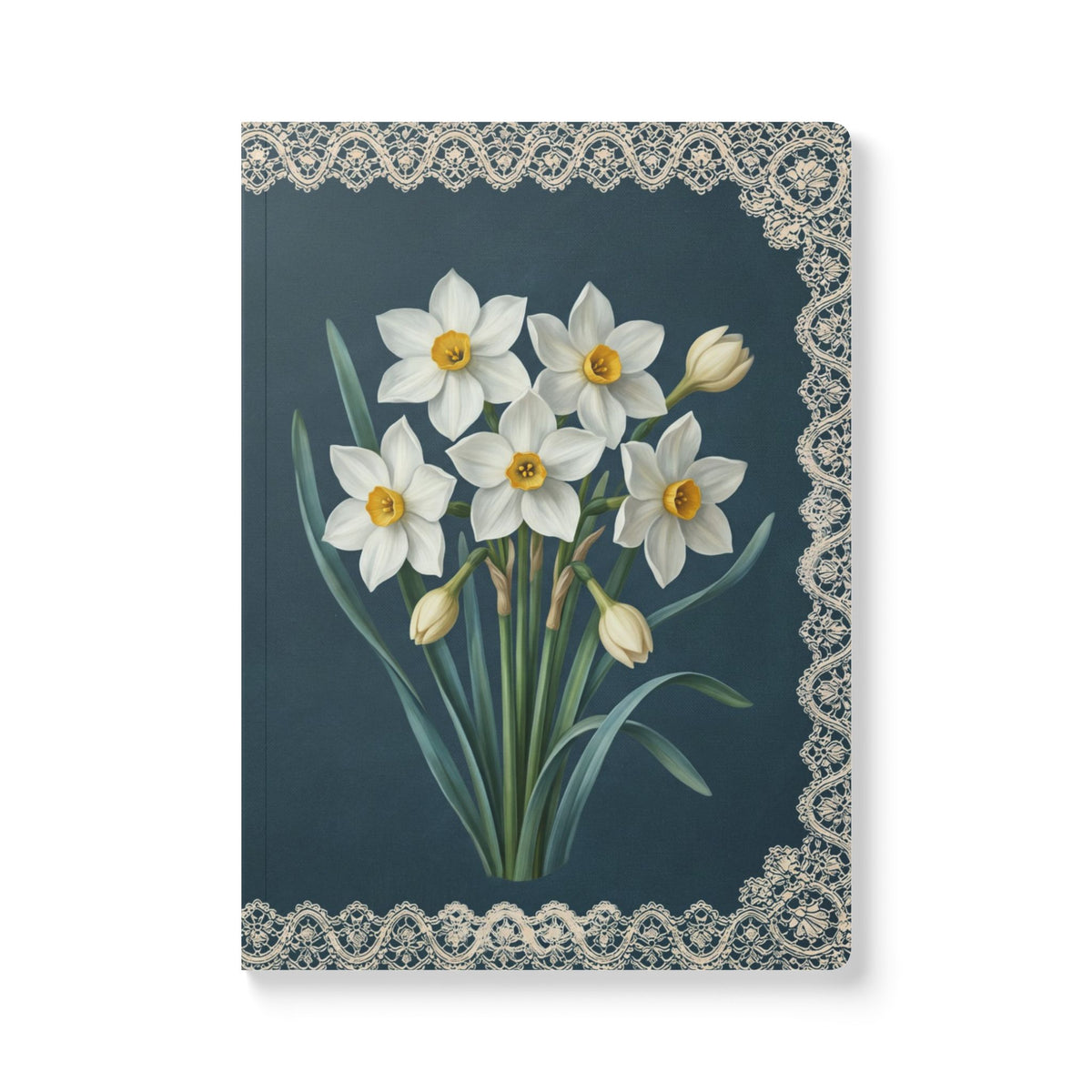 December birth flower journal with paperwhite narcissus oil painting art and lace border on a teal cover, view 2