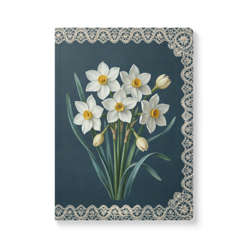 December birth flower journal with paperwhite narcissus oil painting art and lace border on a teal cover, view 2