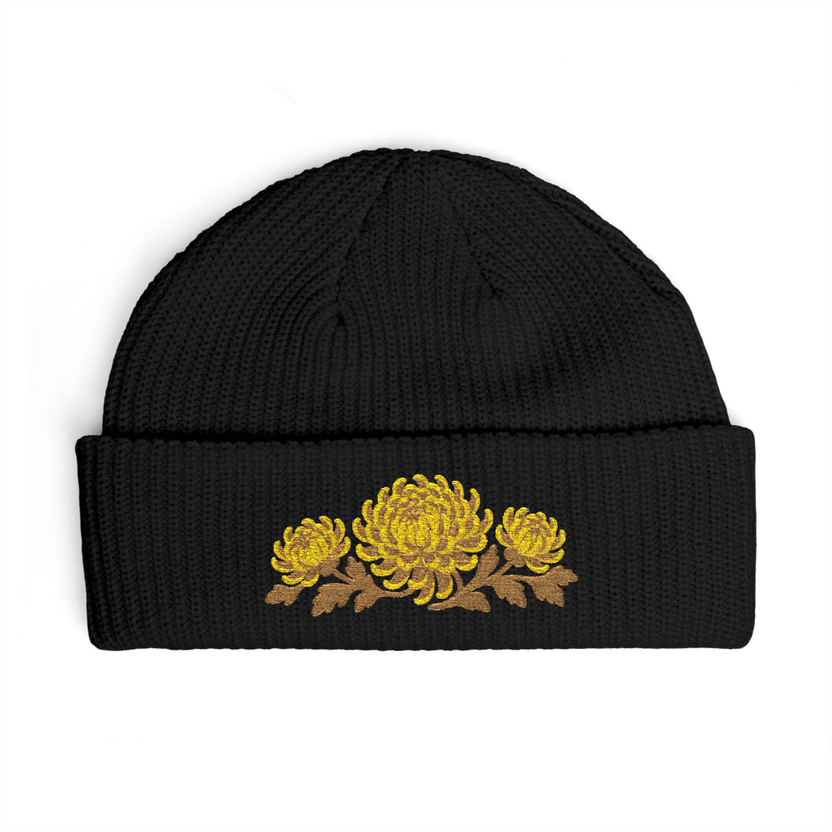 Cuffed knit beanie embroidered with the chrysanthemum, November birth flower, view 2