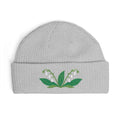 Cuffed knit beanie embroidered with the lily of the valley, May birth flower, view 4