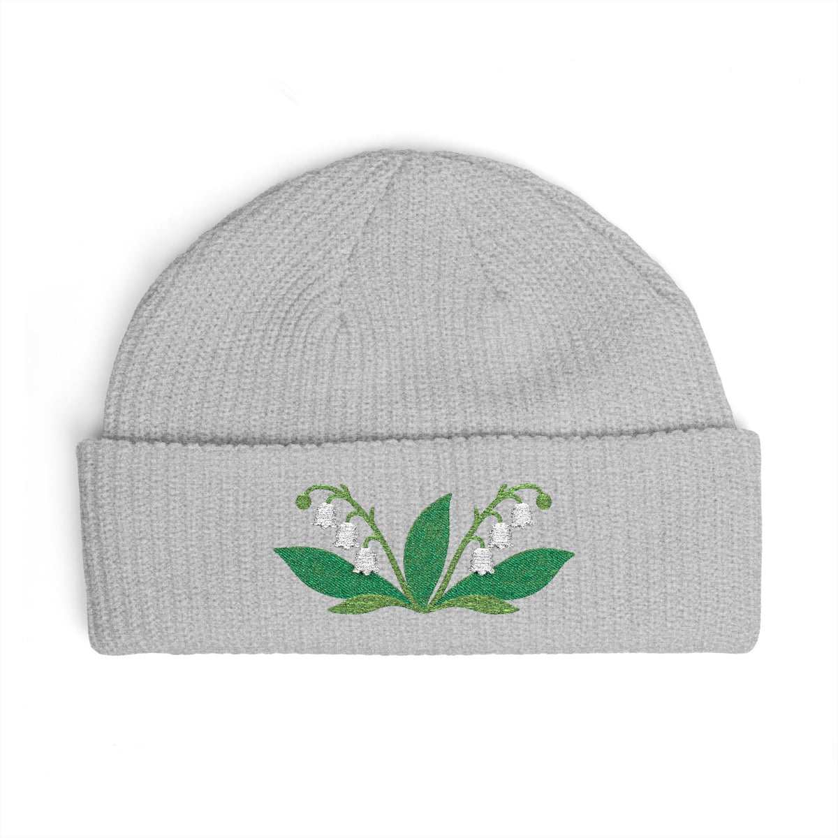 Cuffed knit beanie embroidered with the lily of the valley, May birth flower, view 4