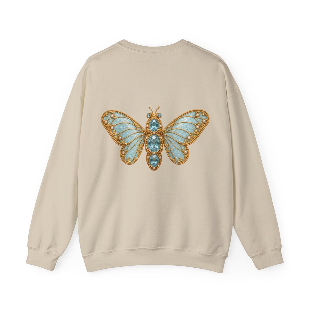 March birthstone sweatshirt with jeweled aquamarine hoverfly brooch art and personalized monogram, view 2