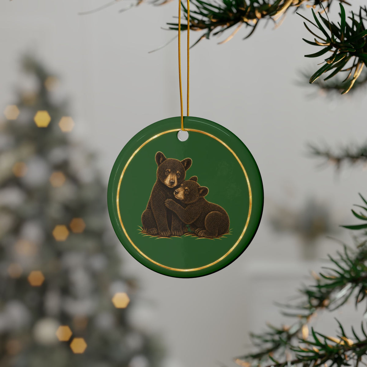 Bear Cubs Ornament, Woodland Creatures Christmas Ornament, Green and Gold Ceramic Ornament, Cabin Bear Gift