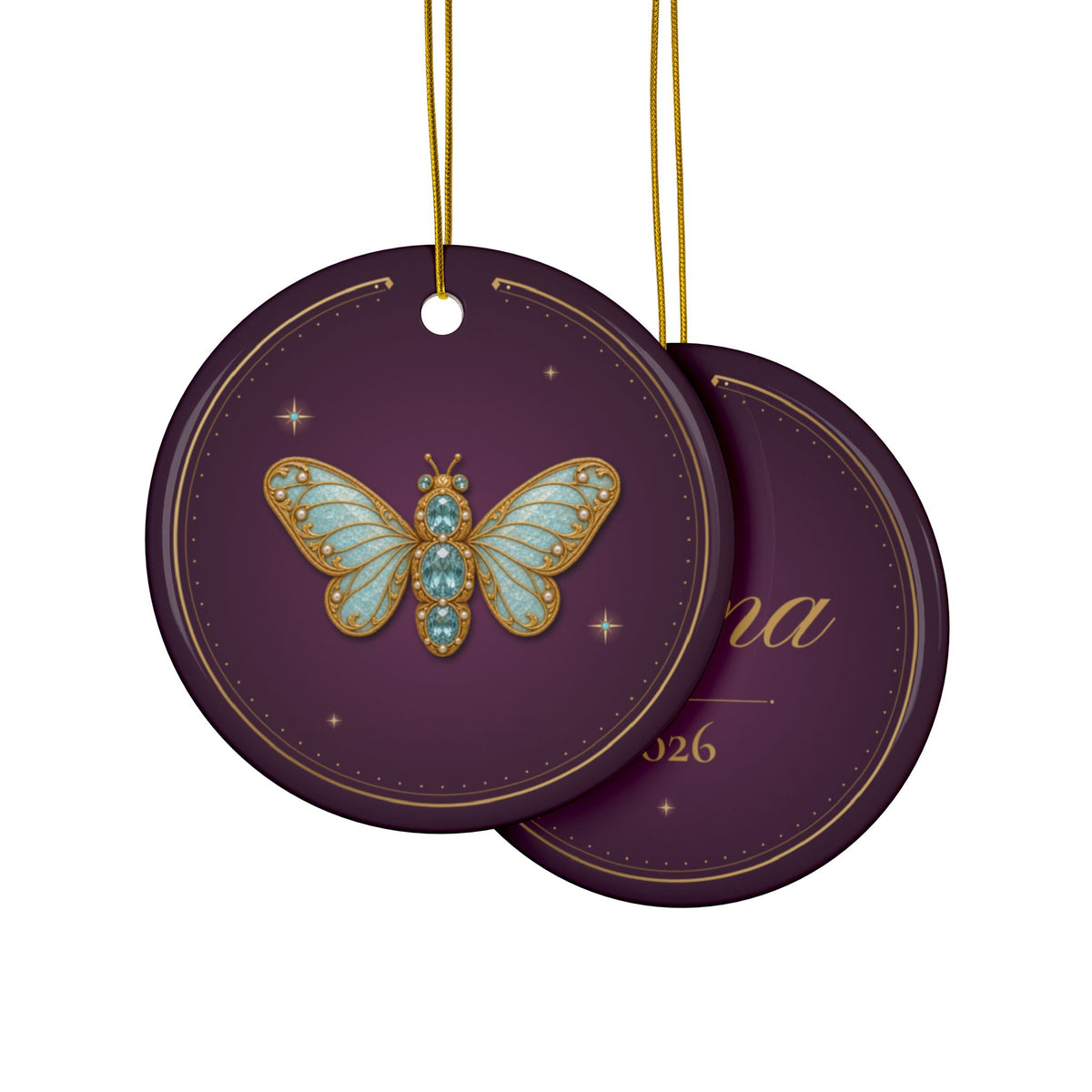 Personalized ceramic Christmas ornament with jeweled aquamarine hoverfly, March birthstone, view 3