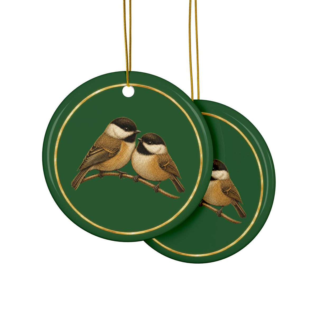 Chickadees Ornament, Woodland Creatures Christmas Ornament, Green and Gold Ceramic Ornament, Bird Gift