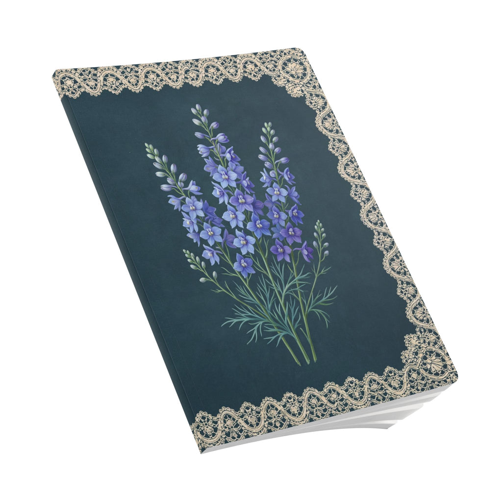 July birth flower journal with blue larkspur oil painting art and lace border on a teal cover, view 9