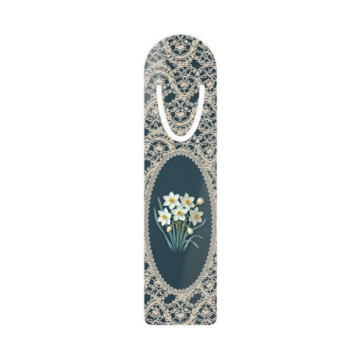 Metal bookmark with paperwhite narcissus, the December birth flower, in vintage lace floral art