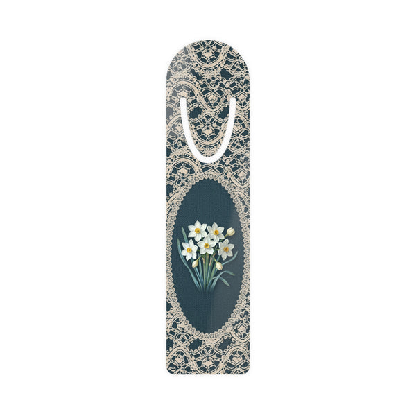Metal bookmark with paperwhite narcissus, the December birth flower, in vintage lace floral art
