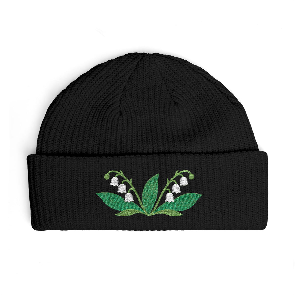 Cuffed knit beanie embroidered with the lily of the valley, May birth flower, view 2