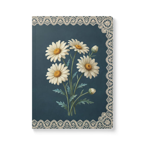 April birth flower journal with white daisy oil painting art and lace border on a teal cover, view 2