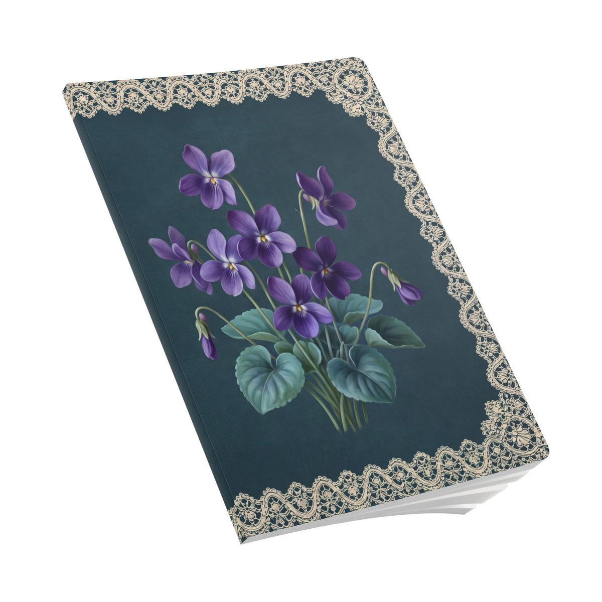 February birth flower journal with purple violet oil painting art and lace border on a teal cover, view 9