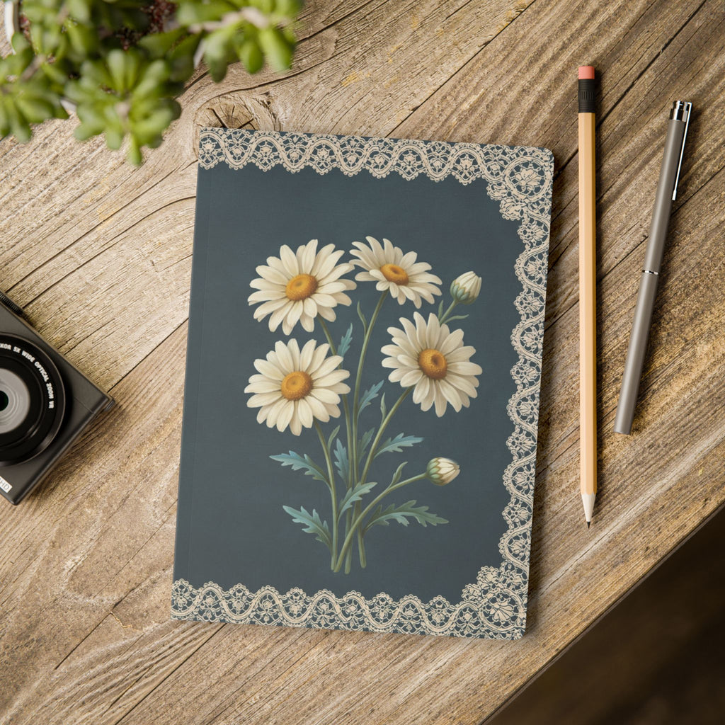 April birth flower journal with white daisy oil painting art and lace border on a teal cover, view 11