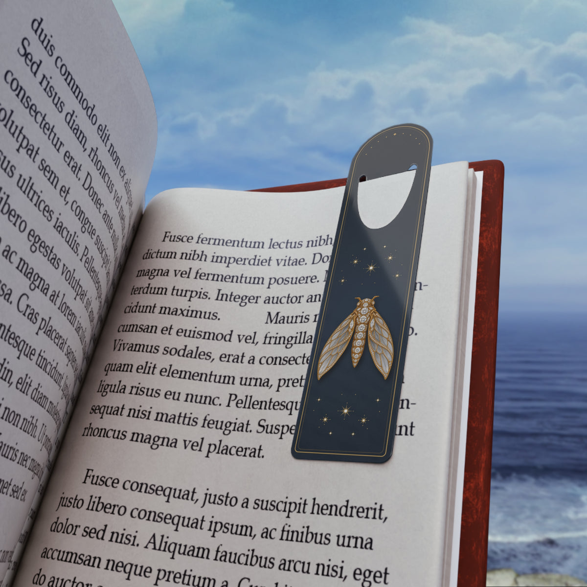 Metal bookmark with jeweled diamond cicada, the April birthstone, in vintage brooch style, view 2