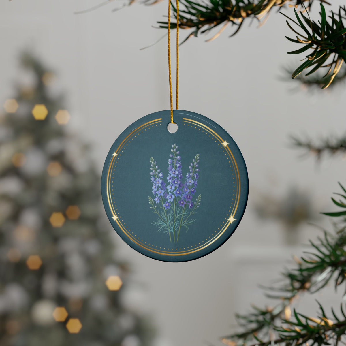 Personalized ceramic Christmas ornament with blue larkspur, the July birth flower, view 2
