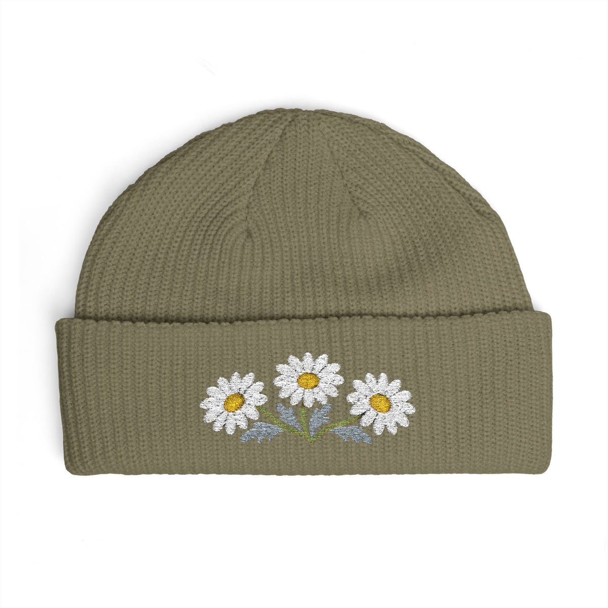 Cuffed knit beanie embroidered with the daisy, April birth flower