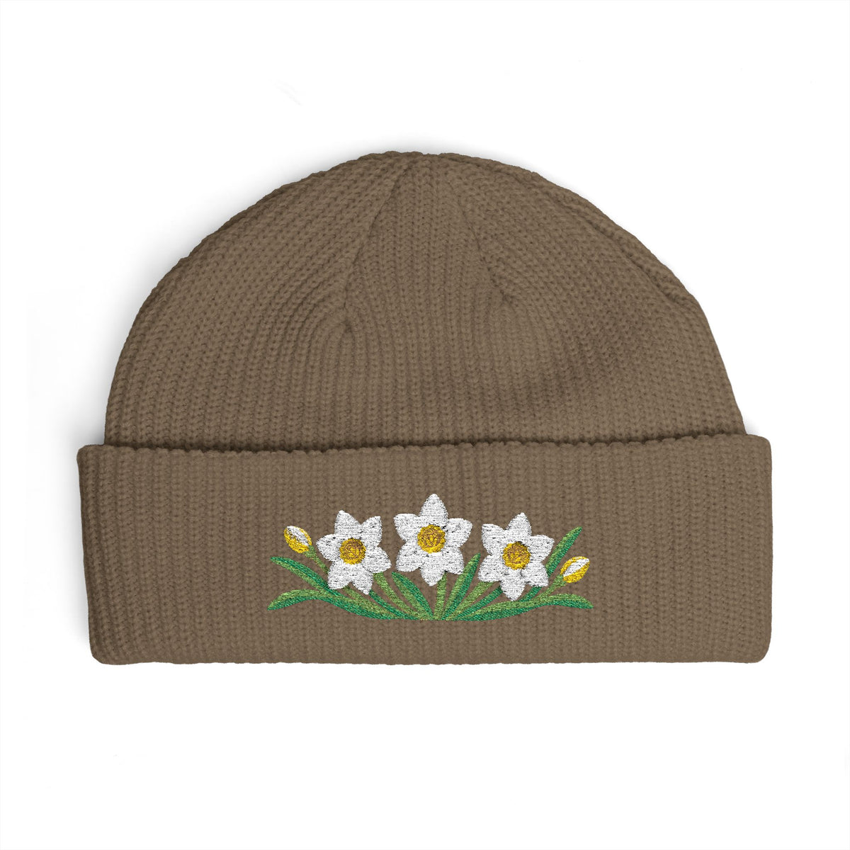 Cuffed knit beanie embroidered with the narcissus, December birth flower