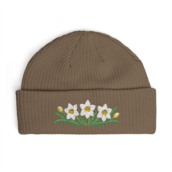 Cuffed knit beanie embroidered with the narcissus, December birth flower
