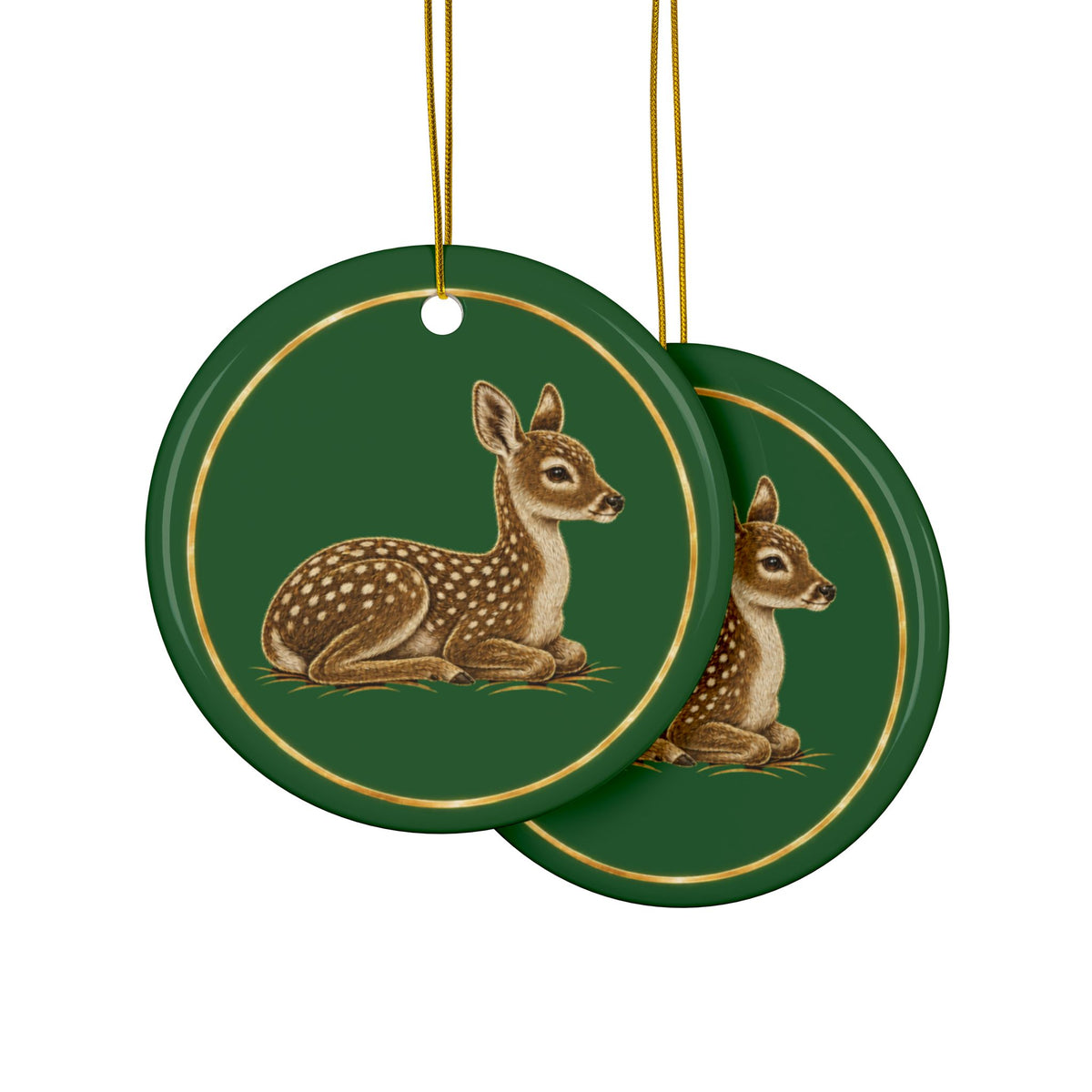 Fawn Ornament, Woodland Creatures Christmas Ornament, Green and Gold Ceramic Ornament, Deer Lover Gift