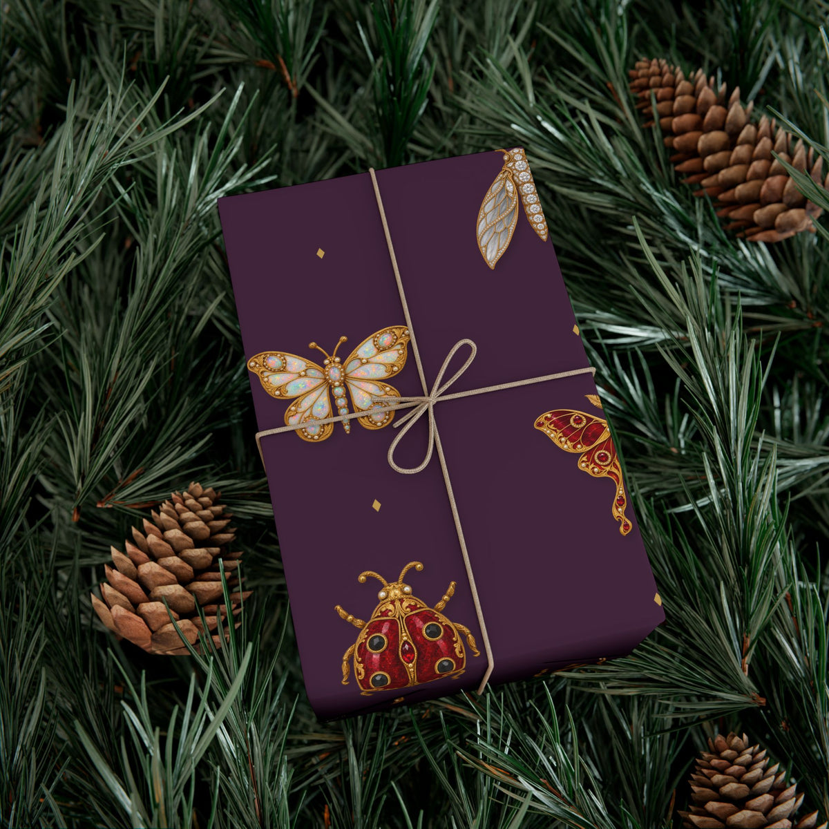 Jeweled Insect Wrapping Paper, Deep Plum Gift Wrap, Vintage Brooch Bug Pattern, Luxe Holiday & Bridal Shower Wrap
