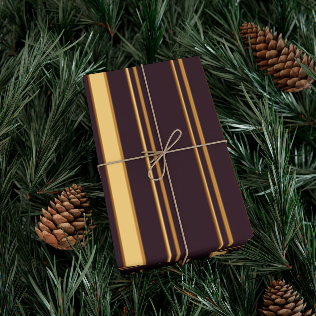 1960s-inspired gold stripe wrapping paper on deep plum, view 5