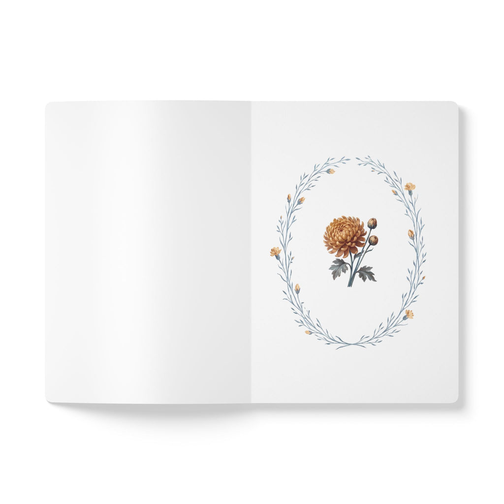 November birth flower journal with golden chrysanthemum oil painting art and lace border on a teal cover, view 4