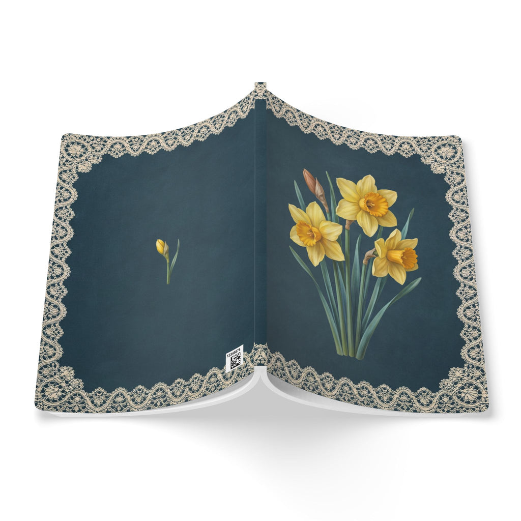 March birth flower journal with yellow daffodil oil painting art and lace border on a teal cover, view 8