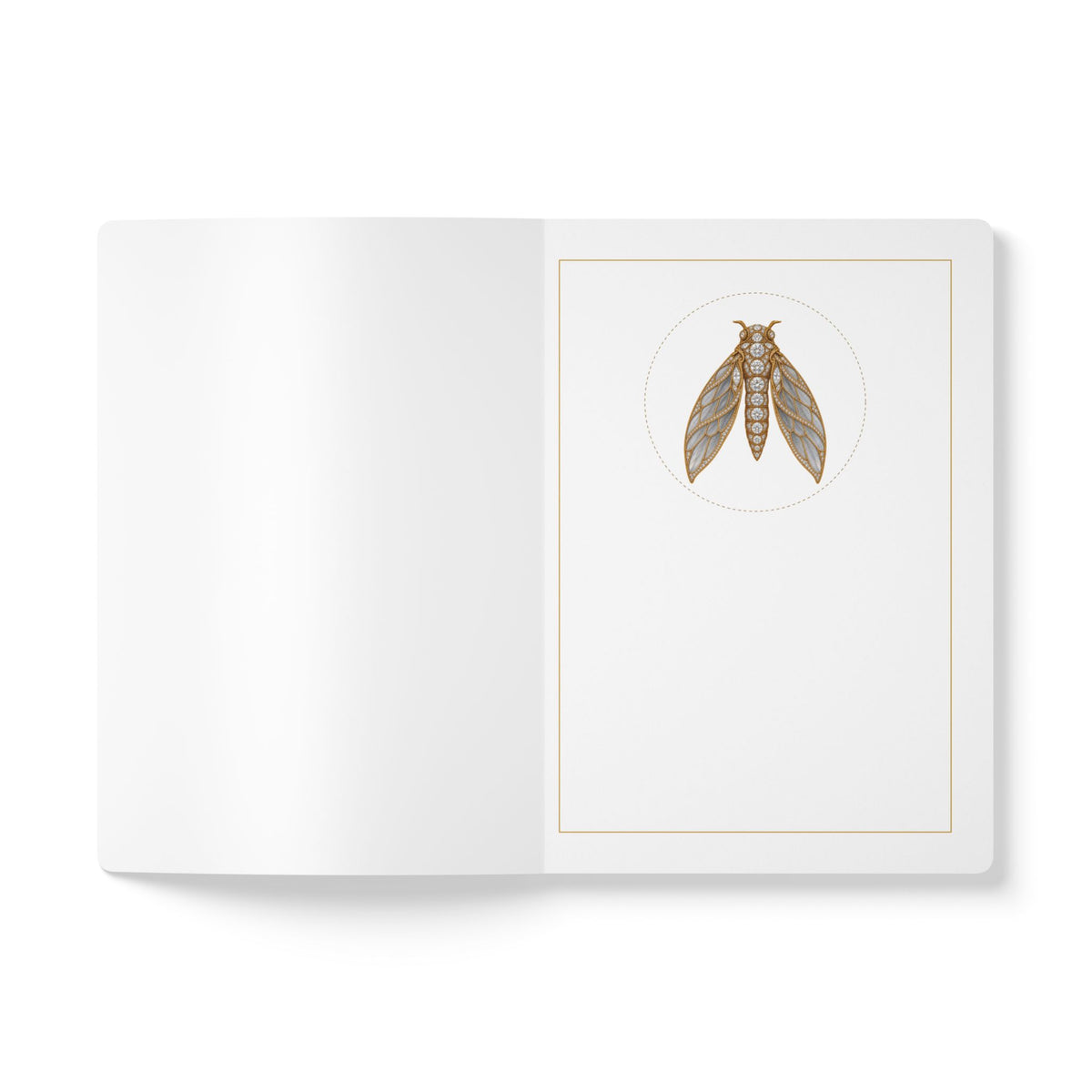 Jeweled diamond cicada journal with vintage brooch art on a navy cover, April birthstone gift, view 4