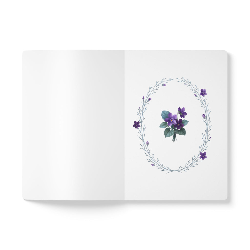 February birth flower journal with purple violet oil painting art and lace border on a teal cover, view 4