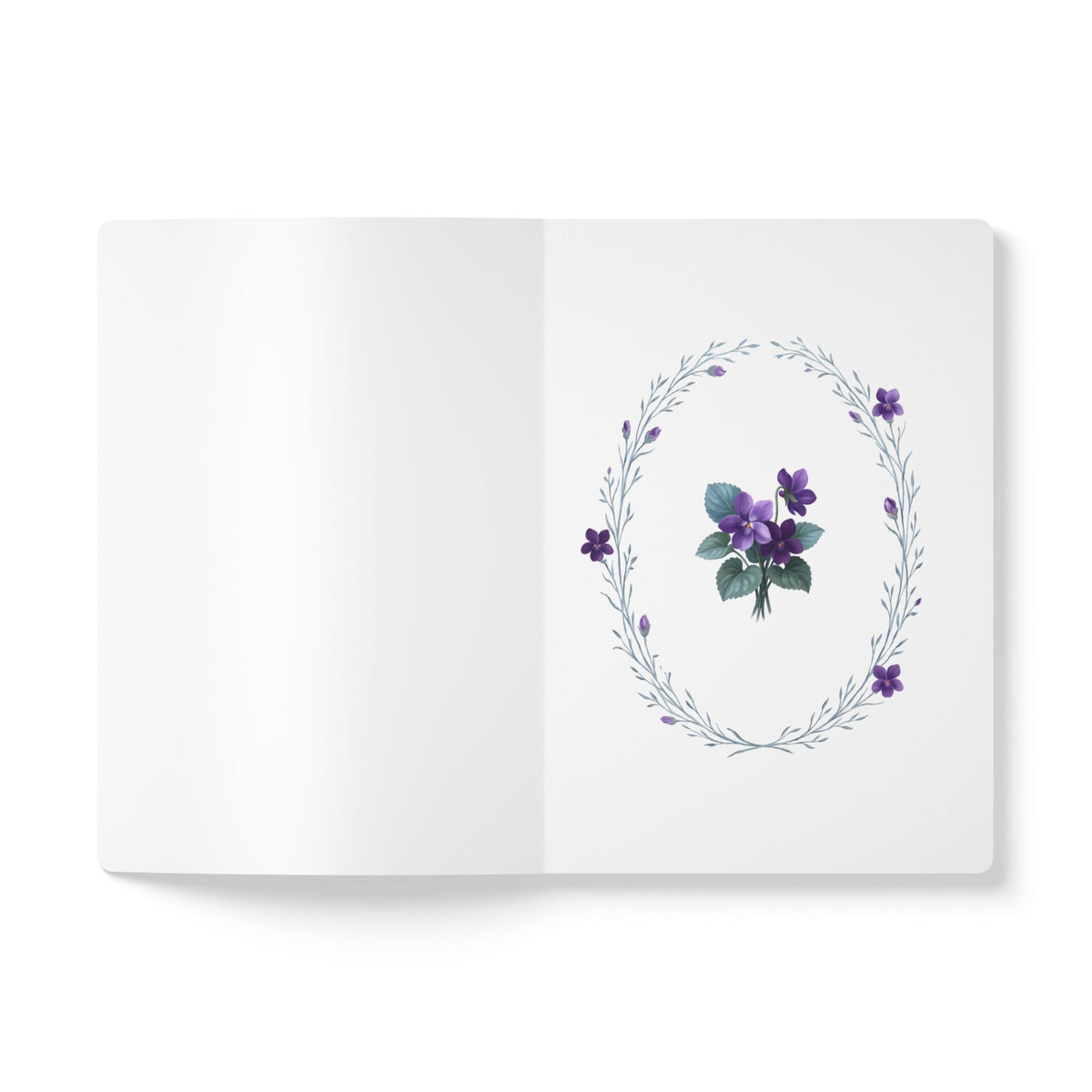 February birth flower journal with purple violet oil painting art and lace border on a teal cover, view 4