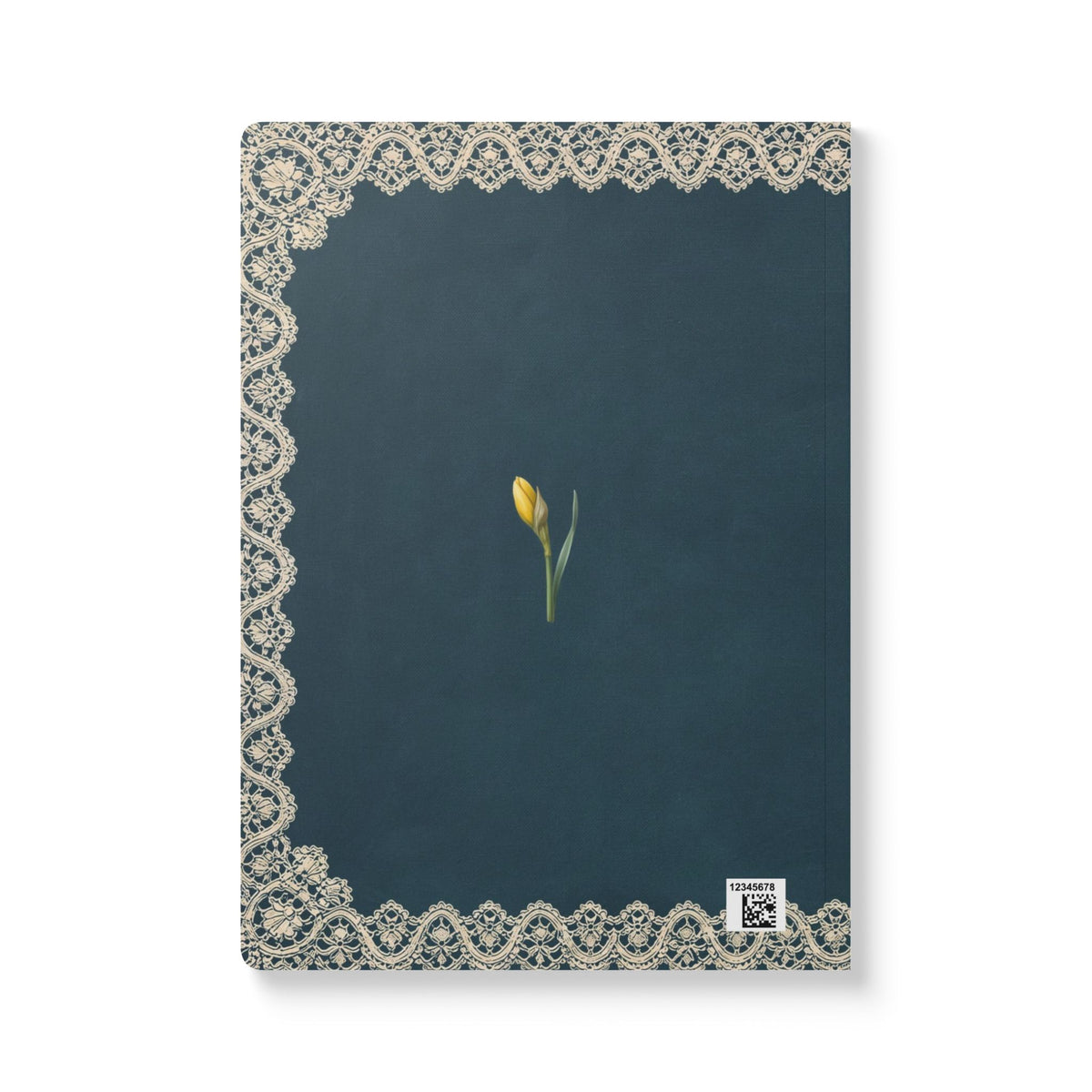 March birth flower journal with yellow daffodil oil painting art and lace border on a teal cover, view 3