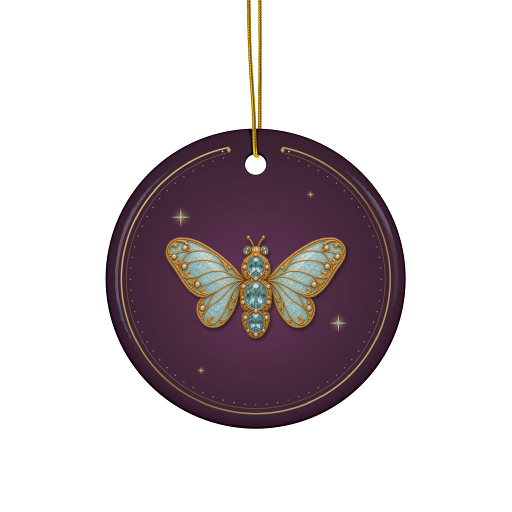 Personalized ceramic Christmas ornament with jeweled aquamarine hoverfly, March birthstone, view 2