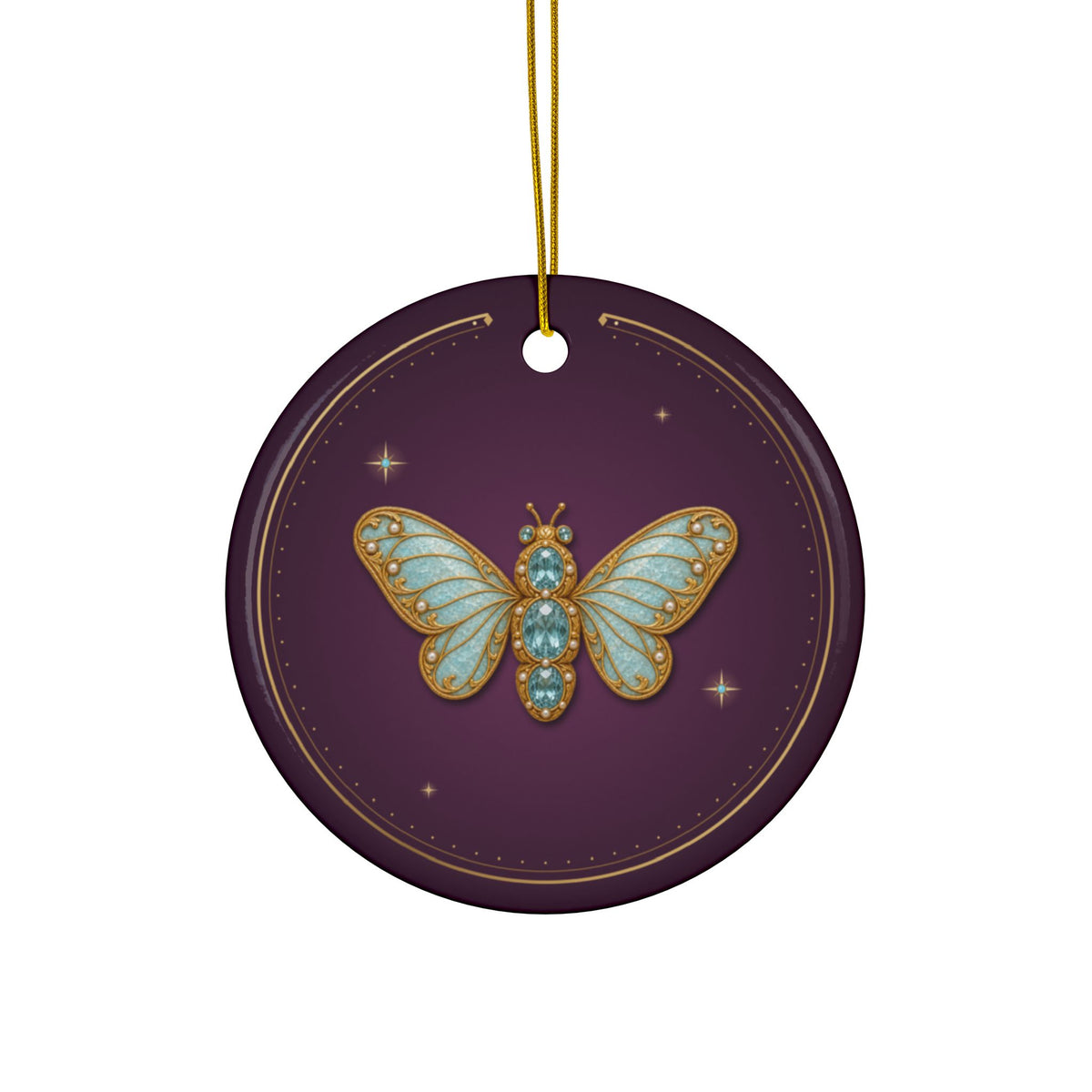 Personalized ceramic Christmas ornament with jeweled aquamarine hoverfly, March birthstone, view 2
