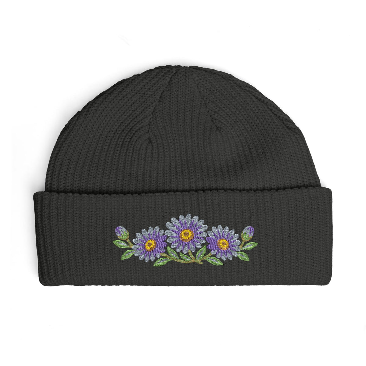 Cuffed knit beanie embroidered with the aster, September birth flower, view 9