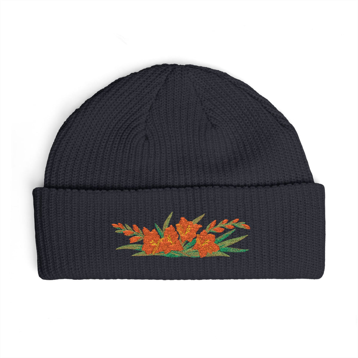 Cuffed knit beanie embroidered with the gladiolus, August birth flower, view 8
