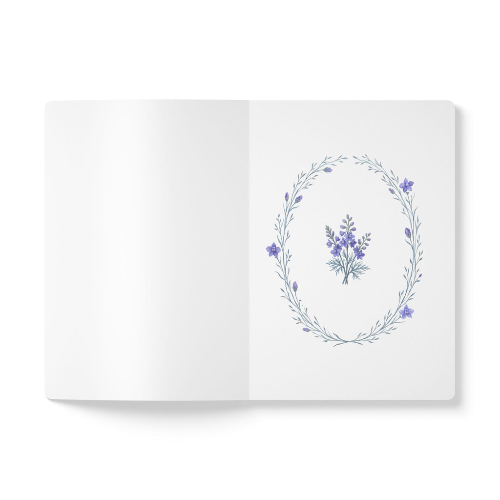 July birth flower journal with blue larkspur oil painting art and lace border on a teal cover, view 4