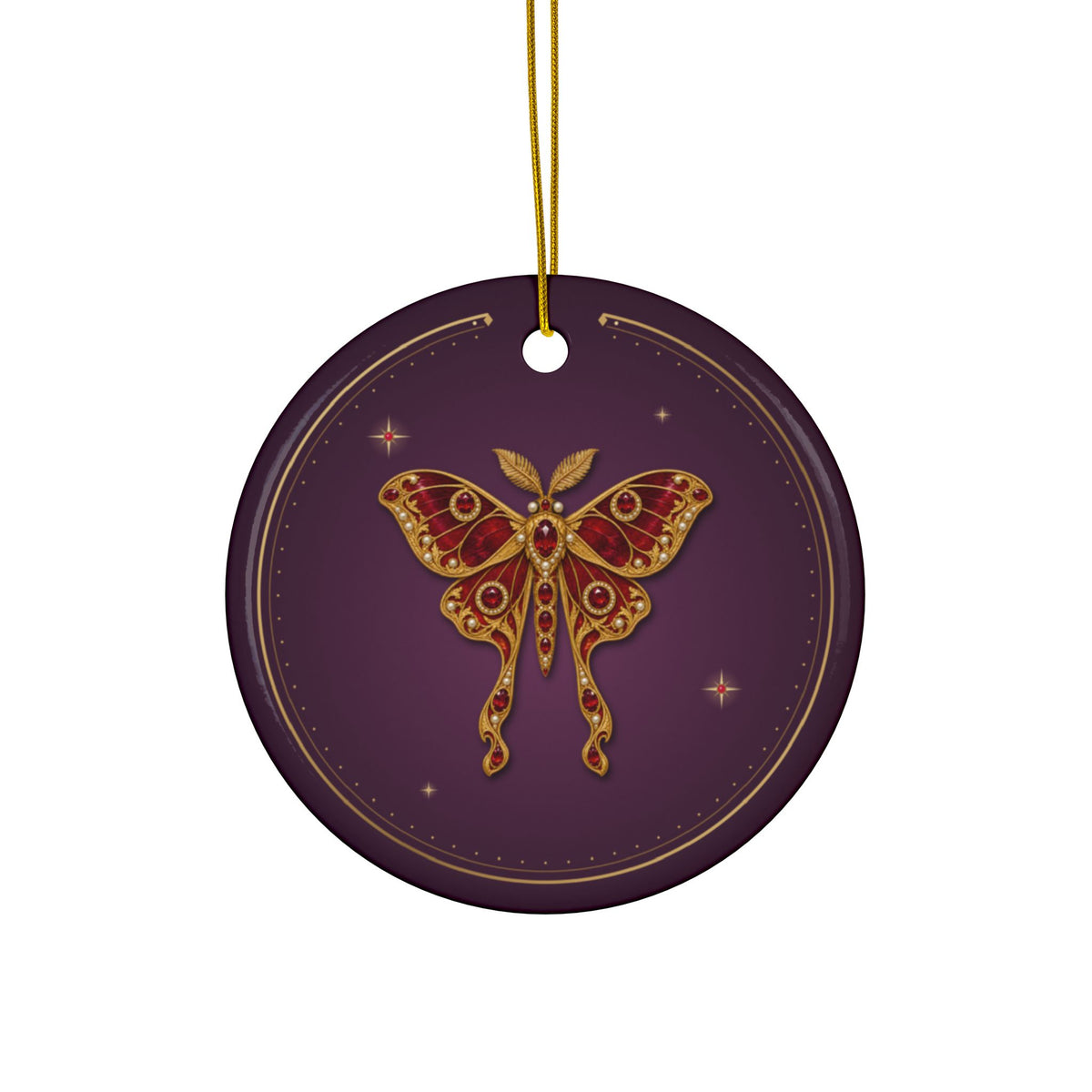 Personalized ceramic Christmas ornament with jeweled ruby moth, July birthstone, view 2