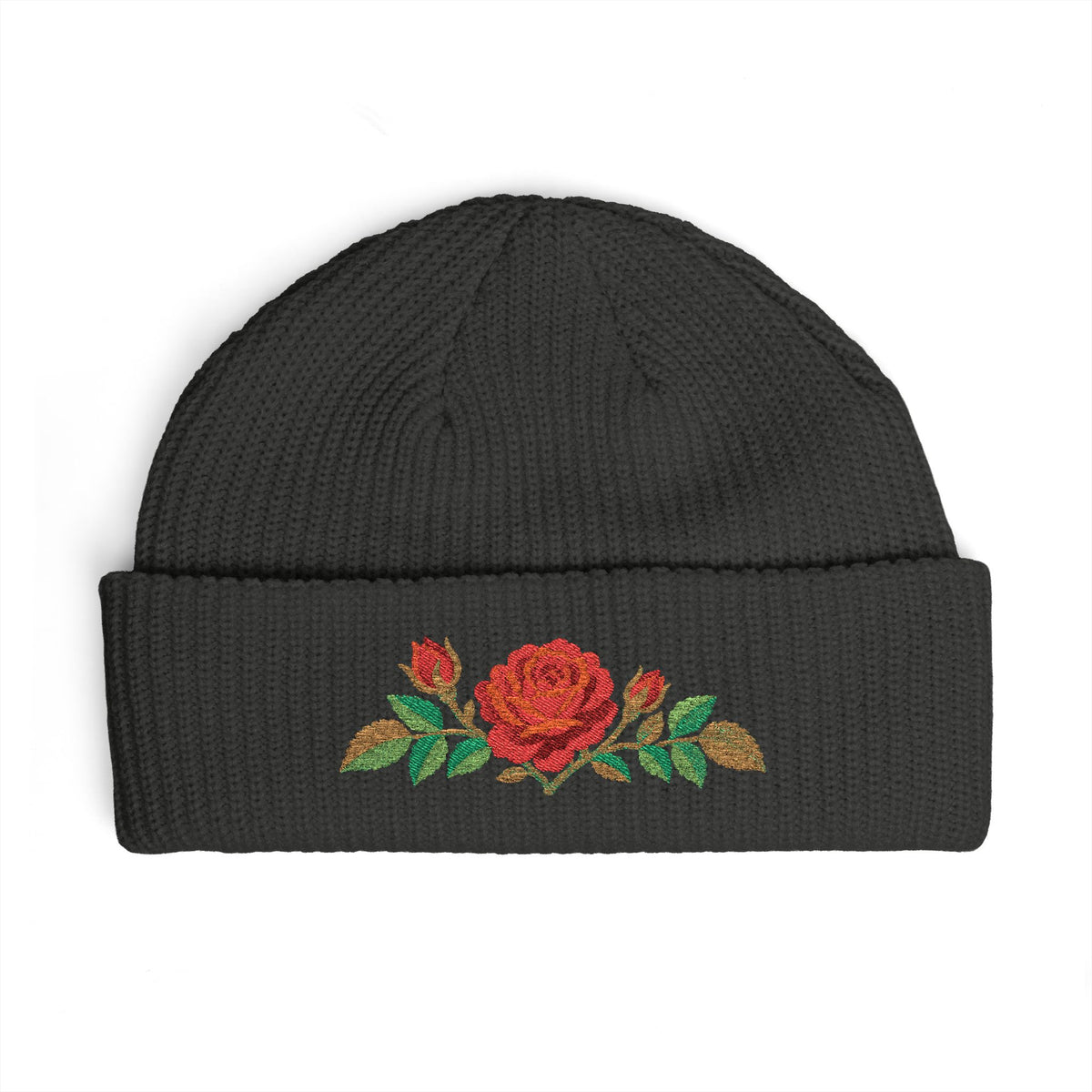 Cuffed knit beanie embroidered with the rose, June birth flower, view 9