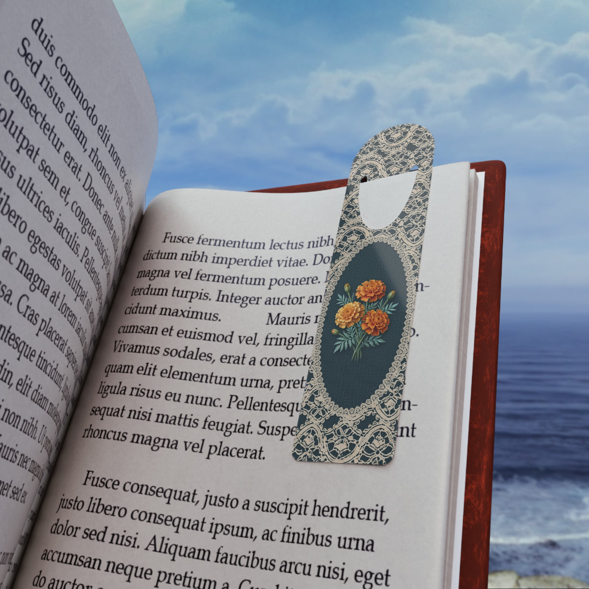 Metal bookmark with orange marigold, the October birth flower, in vintage lace floral art, view 2