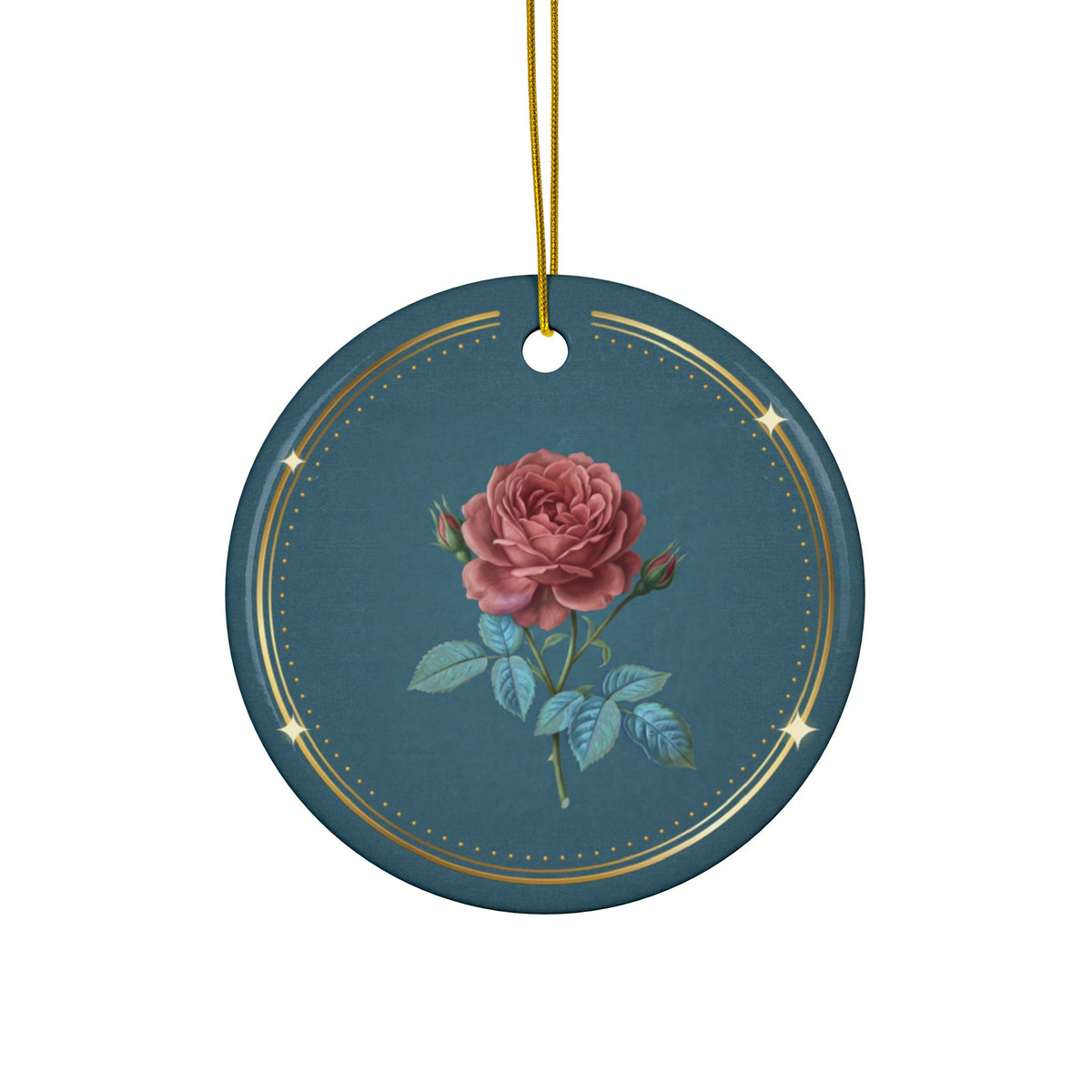 Personalized ceramic Christmas ornament with red rose, the June birth flower, view 3